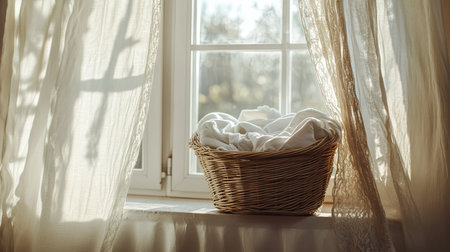 A wicker basket filled with clean clothes, placed on a windowsill with soft curtains and sunlight shining through, symbolizing a fresh start. --chaosの素材