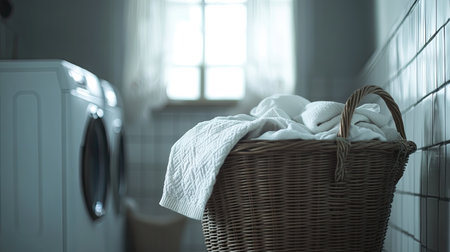 A wicker basket overflowing with soft fabrics and folded clothes, set in a minimalist laundry room with a white and grey color scheme. --chaosの素材