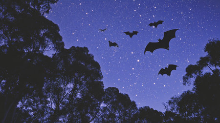 Close-up of bats flying under a starry sky at night, with their wings spread wide and the faint outlines of trees visible in the background. --chaosの素材