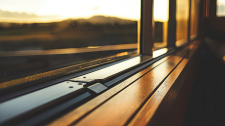 Close-up of an aluminum sliding window track, highlighting the smooth metal surface and the roller mechanism, with natural light streaming through. --chaosの素材