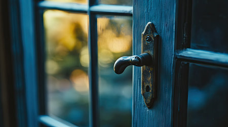 Close-up of an aluminum window latch, focusing on the metallic texture and the ergonomic design of the handle, with light reflecting off the glass pane. --chaosの素材