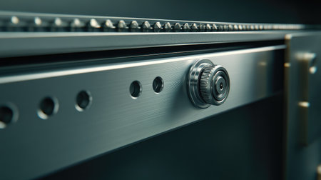 Close-up of an aluminum sliding window track, highlighting the smooth metal surface and the roller mechanism, with natural light streaming through. --chaosの素材