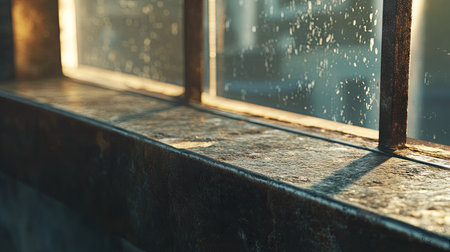 Close-up of an aluminum window sill and frame, with light reflections highlighting the metallic texture and a clear view through the double-glazed glass. --chaosの素材