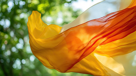 Close-up of a colorful cloth fluttering in the breeze, with blurred green trees in the background, evoking a feeling of movement and nature. --chaosの素材