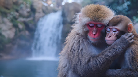 Close-up of a monkey grooming its partner's fur, with a peaceful waterfall cascading in the background, evoking a natural and serene environment. --chaosの素材