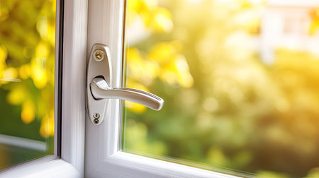 Close-up of an aluminum window lock mechanism, highlighting the brushed metal finish and the ergonomic shape of the handle, with a blurred outdoor view. --chaosの素材