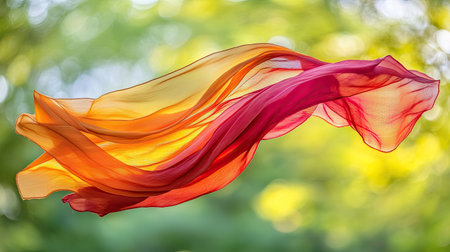 Close-up of a colorful cloth fluttering in the breeze, with blurred green trees in the background, evoking a feeling of movement and nature. --chaosの素材