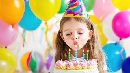Close-up of a child wearing a fun party hat, blowing out the candle on a frosted birthday cake, with a festive backdrop of streamers and balloons. --chaosの素材