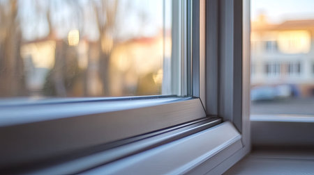 Close-up of an aluminum window sill, featuring the brushed metal finish and the meeting point between the frame and the glass, with a soft focus on the background. --chaosの素材