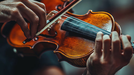 Close-up of a violinist's fingers moving rapidly over the strings during a performance, emphasizing the speed and skill of the player. --chaosの素材