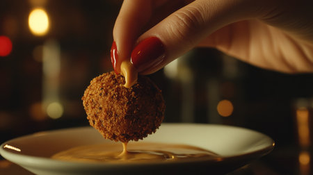 Close-up shot of a woman's hand holding a nugget, dipping it into a smooth, tangy sauce, with sauce droplets visible on the surface. --chaosの素材