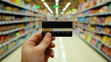 A man's hand showing a credit card in a retail environment, with shelves of merchandise in the background, focusing on shopping convenience --chaosの素材