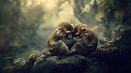 Close-up of two monkeys grooming each other's fur while sitting on a rocky surface, with a lush forest background, symbolizing social bonding. --chaosの素材