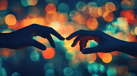 Hands reaching towards one another on a colorful bokeh background, creating a sense of intimacy, connection, and reaching for dreams. --chaosの素材