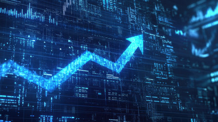 An upward-moving financial chart with a bold arrow indicating growth, placed on a transparent screen with financial data in the background. --chaosの素材