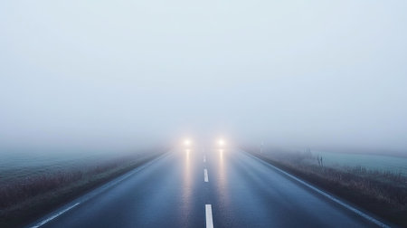 Car driving down a lonely country road, its headlights glowing faintly through the dense fog, with surrounding fields barely visible --chaosの素材