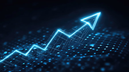 A financial chart with an arrow sharply moving upward, indicating a surge in market growth. Cool tones used in the digital background. --chaosの素材