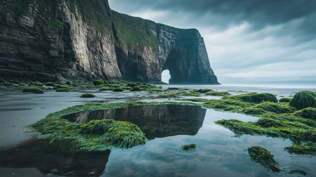 Green seaweed covering a puddle near a seaside cliff, with the rocks and algae forming natural patterns and shapes in the shallow water. --chaosの素材