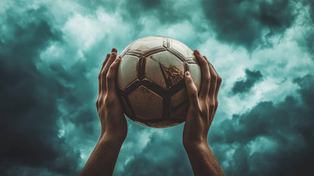 A pair of hands tightly clutching a soccer ball, set against a dramatic cloudy sky, as if ready to kick off an important match --chaosの素材
