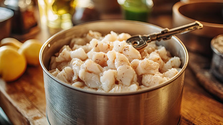 A close-up of a round metal can filled with fresh fish pieces, with a key attached to the top for easy opening, placed on a wooden kitchen counter --chaosの素材