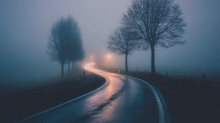 A quiet country road at dusk, with a car's headlights cutting through the thick fog, illuminating the winding path ahead --chaosの素材