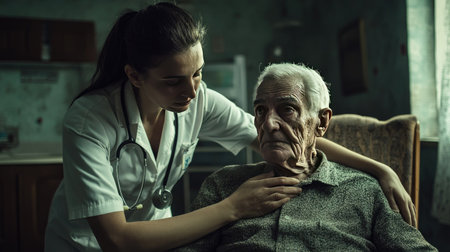 A nurse assisting an elderly man in getting up from a chair, with a kind expression, highlighting empathy in elderly care --chaosの素材