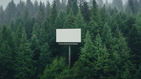 Blank billboard with a white background set against a forested area, surrounded by tall trees. Perfect for nature-themed or environmental messages --chaosの素材
