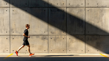 Casual runner near a concrete parking structure, with shadows and light creating an urban atmosphere. Wearing athletic shoes and a T-shirt --chaosの素材