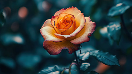 Beautiful orange and yellow rose blossom, with a gradient of colors across its petals, standing out against a natural garden backdrop --chaosの素材