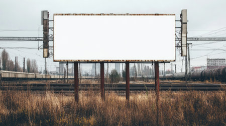 Blank billboard with a white background beside a railroad track, with trains and utility lines in view. Industrial landscape provides a gritty vibe --chaosの素材