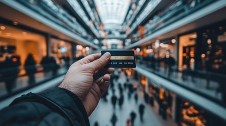 A man's hand holding a credit card, presenting it towards the camera, with a blurred background of a modern shopping mall, symbolizing payment --chaosの素材