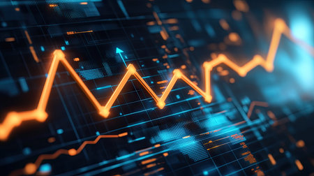 An upward-trending financial chart with a bold arrow pointing up, illustrating economic growth. Set against a sleek, modern digital interface. --chaosの素材