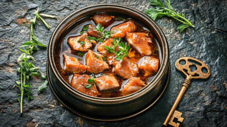 Close-up view of a round can with marinated fish pieces and an attached key, lying on a textured stone surface with fresh herbs scattered around --chaosの素材