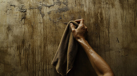 Cloth soaked in water scrubbing a dirty wall, visibly removing stubborn marks. The stain lightens as the cloth makes repeated passes --chaosの素材