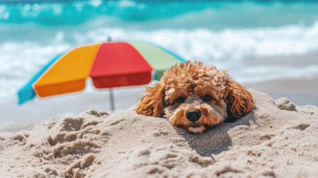 Fluffy dog buried in sand up to its neck, with a colorful beach umbrella nearby. The ocean waves roll in behind the dog, creating a summer vibe --chaosの素材