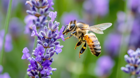 Flying honey bee collecting pollen from a lavender flower, its legs covered in golden pollen grains, with a blurred garden in the background --chaosの素材