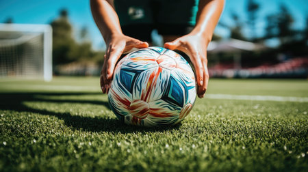 Hands pressing a soccer ball down onto a grassy field, with the blurred background of a goalpost, suggesting a penalty kick setup --chaosの素材