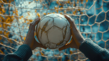 Hands holding a soccer ball at the edge of a goalpost, with the net visible in the background, ready for the next play --chaosの素材