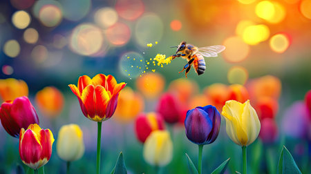 Flying honey bee hovering near a vibrant tulip, reaching out for the pollen as it approaches the colorful petals --chaosの素材