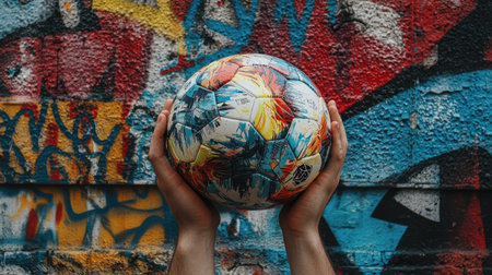 Hands holding a soccer ball in front of a graffiti-covered wall, with the colorful background adding a street soccer vibe --chaosの素材
