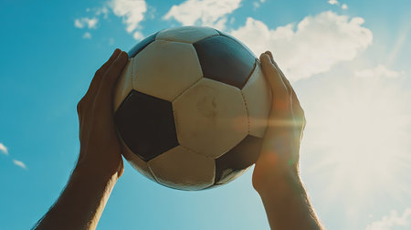 Hands holding a classic black and white soccer ball against a bright sky, with sunlight illuminating the ball and creating a sense of anticipation --chaosの素材
