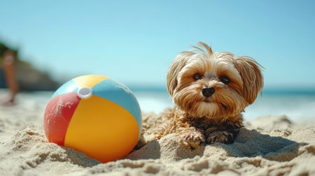 Small dog buried up to its chest in sand, lying next to a beach ball. The background showcases a sunny beach with clear blue skies --chaosの素材