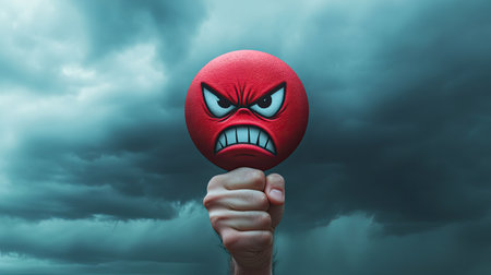A hand clenched around a red angry face icon, set against a stormy sky background, symbolizing intense emotions. --chaosの素材