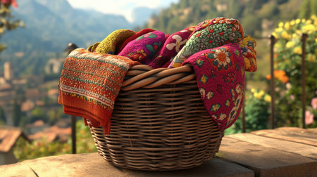 A wicker basket overflowing with clothes in various colors and fabrics, set on a balcony with a view of a garden in the background. --chaosの素材