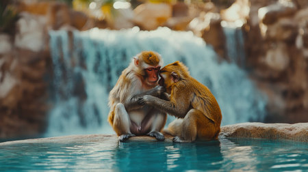 Close-up of a monkey grooming its partner's fur, with a peaceful waterfall cascading in the background, evoking a natural and serene environment. --chaosの素材