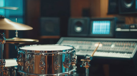 A snare drum being played in a professional recording studio, with visible audio monitors and a blurred background for added depth. --chaosの素材
