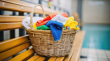 A wicker basket with a pile of laundered clothes, including sportswear and gym towels, set on a wooden bench in a locker room. --chaosの素材