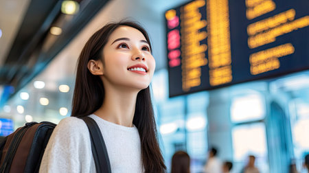 A woman with a carry case at the airport entrance, looking up at the departure signs, ready to start her journey, with a determined expression --chaosの素材