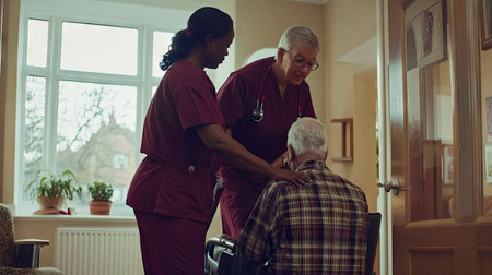 A nurse assisting an elderly man in getting up from a chair, with a kind expression, highlighting empathy in elderly care --chaosの素材