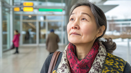 A woman with a carry case at the airport entrance, looking up at the departure signs, ready to start her journey, with a determined expression --chaosの素材